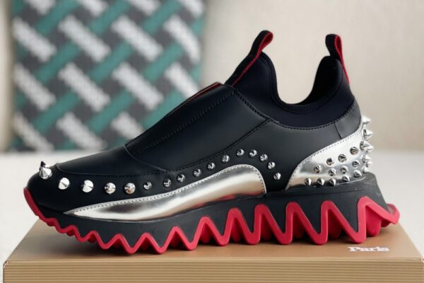 Christian Loubouti Sharkyloub SP Spikes Sneakers Calf leather neoprene and spikes black and silver 4 1