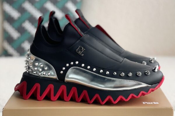 Christian Loubouti Sharkyloub SP Spikes Sneakers Calf leather neoprene and spikes black and silver
